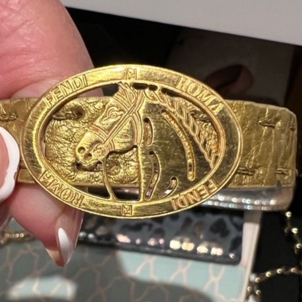 Authentic Fendi Gold Embossed Horse Gold Leather Snap Bracelet
